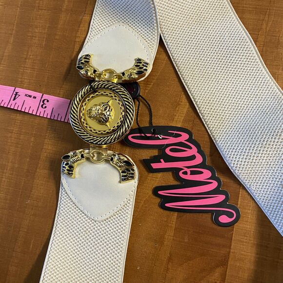 Vintage 80s motel cheetah head buckle gold tone Ivory Stretch belt Sz L - Picture 10 of 11